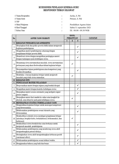 Kuesioner Penilaian Kinerja Guru Responden Teman Sejawat