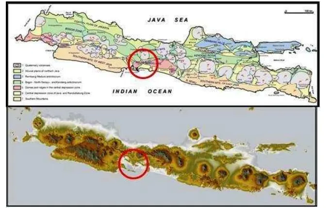 Gambar 1. Sketsa Fisografi Jawa (Van Bemmmelen, 1949) dan Citraan Landsat (SRTM  NASA, 2004), Zona Merah merupakan zona pegunungan Selatan daerah Kulonprogo  