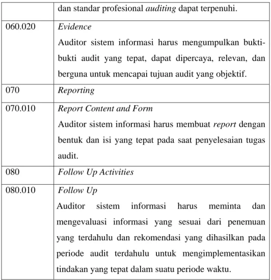 Tabel 2.1 : Standar Audit Sistem Informasi menurut ISACA  Sumber : Gondodiyoto (2006, h.69) 