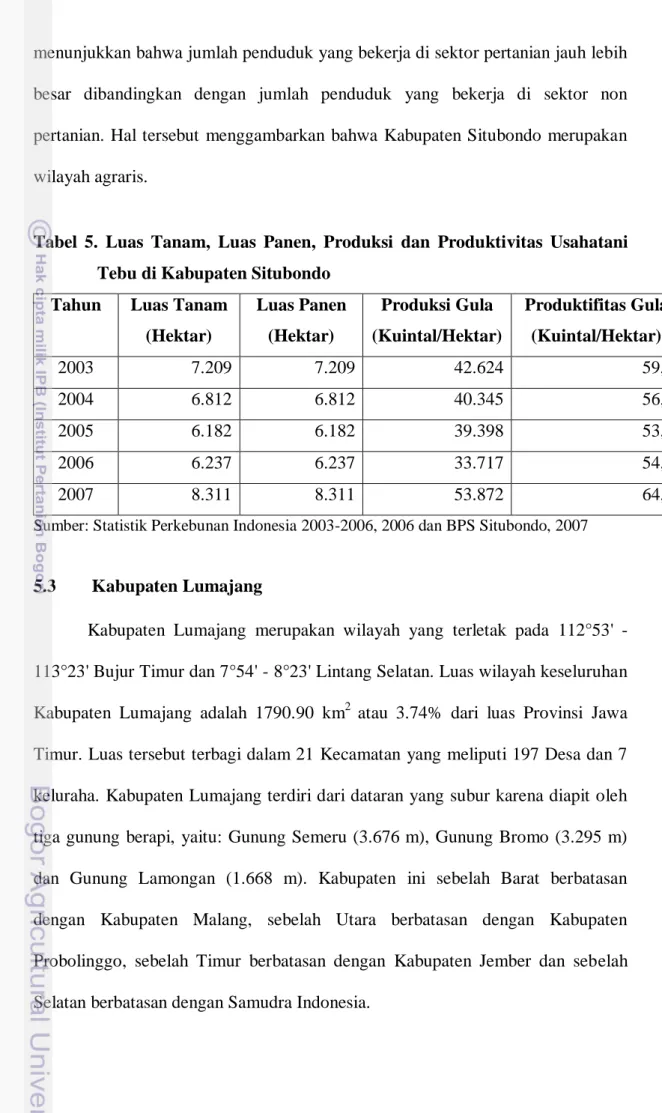 Tabel  5.  Luas  Tanam,  Luas  Panen,  Produksi  dan  Produktivitas  Usahatani  Tebu di Kabupaten Situbondo   