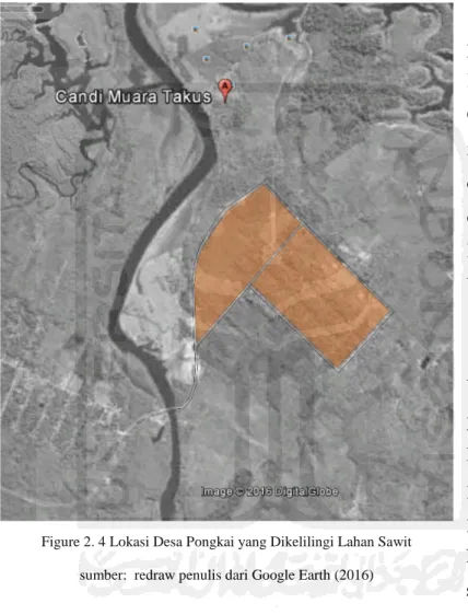 Figure 2. 4 Lokasi Desa Pongkai yang Dikelilingi Lahan Sawit sumber:  redraw penulis dari Google Earth (2016) 