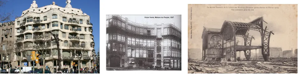 Gambar Casa Mila karya Gaudi (kiri), Maison du Peuple karya Horta (tengah) dan Hall des Machines karya Contamin (kanan)