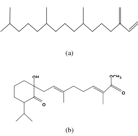 Gambar 2.2. Struktur senyawa herba meniran (a) Struktur senyawa Phytadiene;                 (b) Struktur senyawa 1,2-seco-cladiellan 