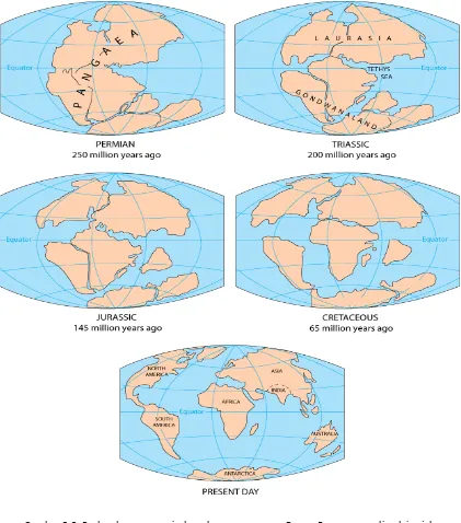 Gambar 3-8. Perkembangan pemisahan dan pengapungan Benua Pangea yang dimulai sejak zaman Perm (225 – 200 juta tahun lalu), zaman Trias (200 juta tahun lalu) benua Pangea berpisah menjadi daratan Gonwana dan Laurasia, zaman Jura (145 juta tahun lalu) mulai 