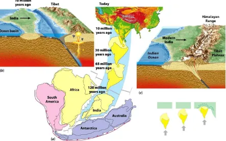 Gambar 3-6. Pemisahan dan pengapungan benua India dimulai pada akhir kurun Mesozoikum dan Awal Kenozoikum (120 juta tahun lalu) dimana benua India mulai memisahkan diri dari benua Afrika