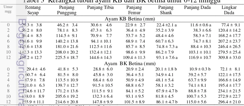 Tabel 3  Kerangka tubuh ayam KB dan BK betina umur 0-12 minggu 