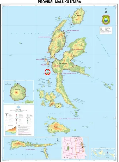 Gambar 1. Peta Lokasi Penelitian (Pulau Moti dan Pulau Makian, bertanda lingkaran merah