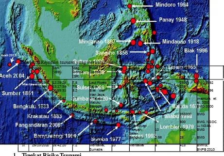 Gambar 2.2: Peta risiko tsunami Indonesiadalam  tingkat  risiko  Sangat  Tinggi  dan  Tinggi  karena  perkiraan  tinggigelombang di  atas  tiga meter