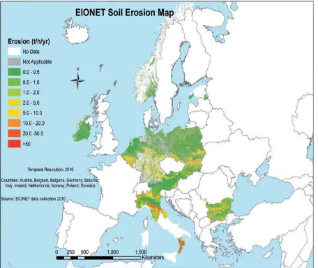 Gambar 1. Perkiraan erosi tanah menurut Jaringan Informasidan Pengamatan Lingkungan Eropa untuk pengumpulan datatanah (EIONET-SOIL)