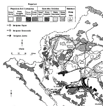 Gambar 1. Penduduk migrasi di Lampung mulai tahun 1905 sampai 1945 (Sumber: Sevin, O. Peta sejarah desa-desa di Lampung – Jakarta 1987 (tidak dipublikasikan) dalam Benoit, 1989).Kotak hitam menunjukkan area Sumberjaya.