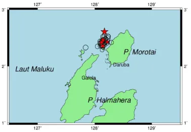 Gambar 2. Peta sebaran episenter rangkaian gempa bumi di wilayah Morotai yang terjadi  lokasi 5 episenter gempa bumi yang dirasakan dan simbol lingkaran adalah lokasi episenter mulai tanggal 18 hingga 27 November 2017