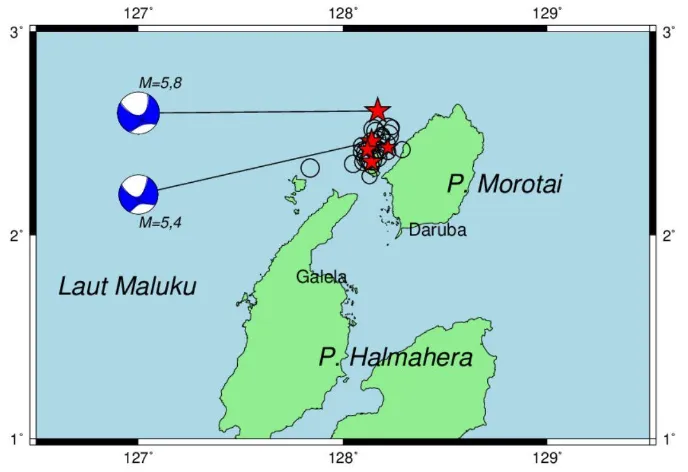 Gambar 4. Peta sebaran episenter beserta informasi bola fokal gempa bumi yang memiliki  M>5,0