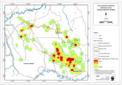 Gambar 3. Peta analisa tingkat kepadatan distribusi gajah di wilayah Tesso Nilo dengan menggunakan metode Kernel 