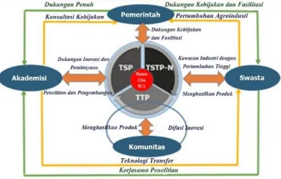 Gambar 1.Konsep Triple Helix Pembangunan TSP (Kementerian Pertanian, 2015) adaptasi (M.Spolidoro, 2011; Soenarso et al., 2013) 