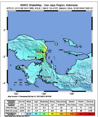 Gambar 2. Peta tingkat guncangan gempa bumi Ransiki 21 April 2012, Mw 6,7. Tanda bintang  menunjukan lokasi episenter gempa bumi Ransiki