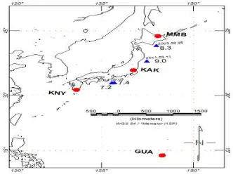 Gambar 1. Lokasi gempa besar (M>7 SR) di Jepang yang akan diinvestigasi dan letak tiga observatorium geomagnetik: Memambetsu (MMB), Kakioka (KAK) dan Kanoya (KNY)
