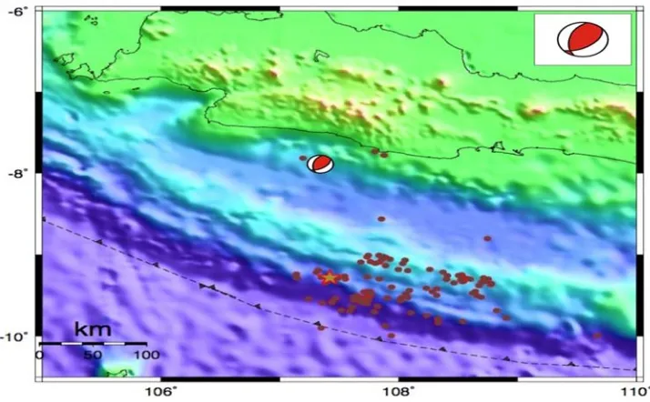 Gambar 2. Lokasi Pusat Gempa Bumi Jawa Barat 2009 tanda bintang dan titik merah adalah Gempa Bumi Pangandaran 2006