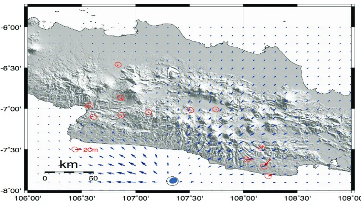 Gambar 7. Perbandingan pergeseran koseismik Gempa Bumi Jawa Barat Bagian Selatan berdasarkan pengamatan dan estimasi dari model.