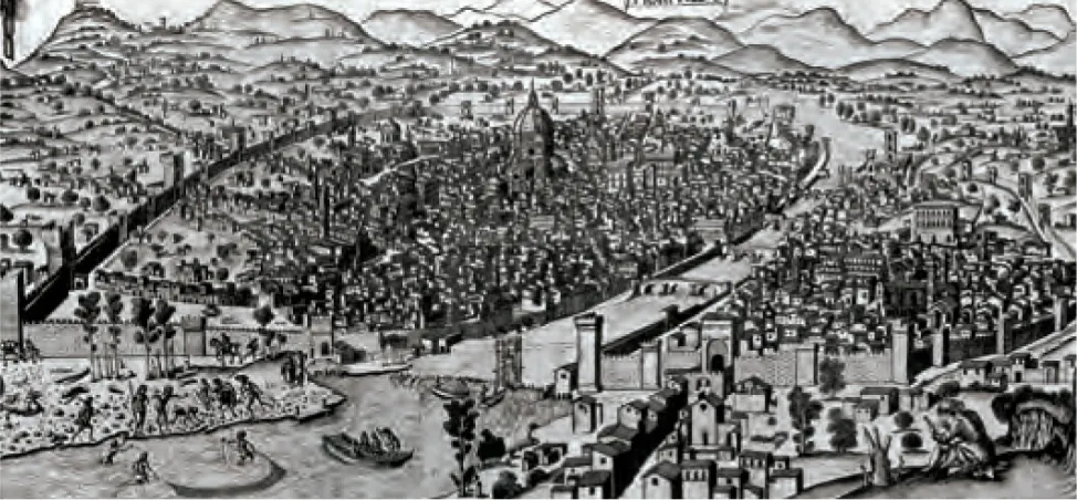 Fig. 3. Francesco Rosselli, The Map of the Chain. This panoramic view of Florence reveals that beneath the massive