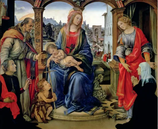 Fig. 4. Filippino Lippi, Madonna del Carmine (Pala de’ Nerli). Behind Mary is a typical Oltr’Arno scene