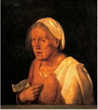 Fig. 6. Giorgione, The Old Woman. The scroll reading “col tempo” (with time) is a warning of what awaited manyRenaissance women