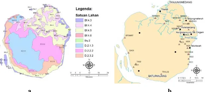Gambar 2. Peta: (a) Satuan Tanah dan Lahan, dan (b) Sampling Tanah, Pulau Rupat 