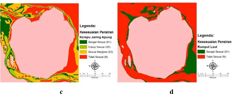 Gambar 4. Peta Kesesuaian Lahan pada kawasan budidaya darat dan perairan: (a) tanaman tahunan, (b) tanaman semusim; (c) kerapu, (d) rumput laut  