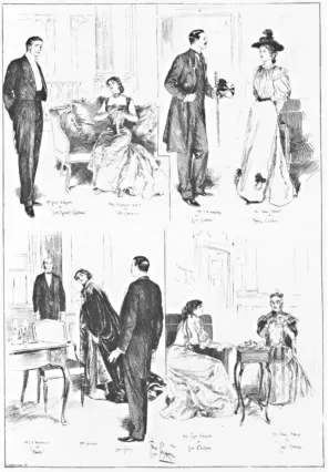 Figure 1 0 Four sketche s b y Fre d Pegra m o fHawtrey a s Lord Gorin g with Maude Millet as Mabel Chiltern; Julia Neilson as Lady Chilter n An  Ideal  Husband-,  clockwise, Lewi s Waller a sSir Robert Chiltern with Florenc e West as Mrs Cheveley in her unsuitable dress, Act I; Charlesand Fann y Broug h a s Lad y Markby ; an d Mr s Cheveley' s triumphan t exi t i n Ac t III,  i n th epresence of Charles Brookfield's Ideal Butler, Phipps (Lady's Pictorial,  12 January, 1895 )