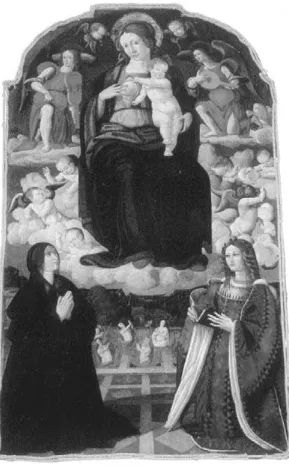 Figure 2 Anonymous Neapolitan artist’s altarpiece fresco the sixteenth century, detail), Church of San Francesco or Sant’Antonio di Padova, fromthe Island of Ischia, showing Colonna on the bottom right holding a book and her aunt byMadonna of Mercy (second
