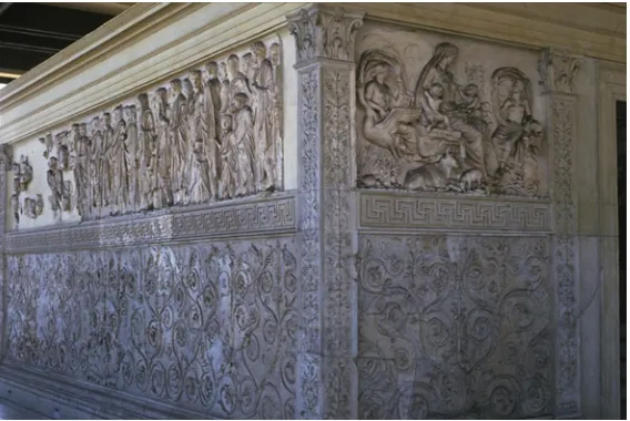 Fig. 3Ara Pacis Augustae, 9 BCE, Rome. Dado covered in rinceau that express the fecundityprocession; at theof the land caused by the peace Augustus brought