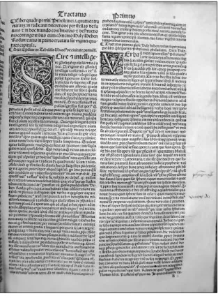 figure 10.  Ornate initial within a dense two- column page in tironian type from Ptolemy’s Quadripartitum, in Opera astrologica (Venice: Bonetto Locatelli for Ottaviano Scoto, December 20, 1493), fol