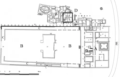 Figure 4.3        Plan of Horace ’ s Villa. A   =   Residence; B   =   Garden; C   =   Quadriporticus; D   =   Bath Complex; E   =   gravel road to north of site