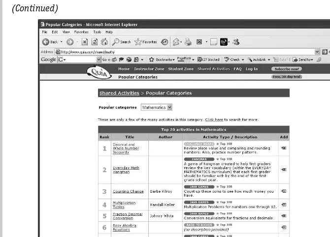 Figure 3.1Part of the activities list in Quia for mathematics