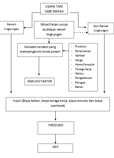 Gambar 2.   Kerangka pemikiran analisis harga pokok produksi cabai merah dan faktor penyebab rendahnya minat petani menerapkan budidaya cabai merah ramah lingkungan di Kabupaten Lampung Selatan, 2012 