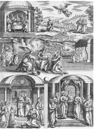 Figure 8. Engraving showing Joachim’s Sacriﬁ ce in the Temple; the Angel Appearing to Joachim; the Meeting of Joachim and Anna; the Birth of the Virgin; the Presentation of the Virgin in the Temple; and the Marriage of the Virgin