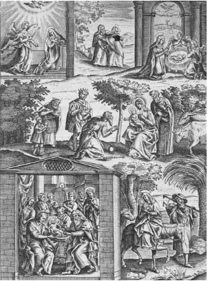Figure 9. Engraving showing the Annunciation; the Visitation; the Nativity; the Adoration of the Magi; the Circumcision; and the Flight into Egypt