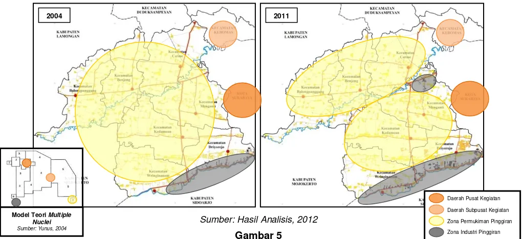 Gambar 5 Struktur Ruang Kota SWP III Berdasarkan Pendekatan Ekologikal Tahun 2004 dan 2011 