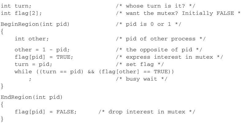FIGURE 84.5Peterson’s solution of mutual exclusion for two processes. Based on statements of the algorithm inTanenbaum [2001].