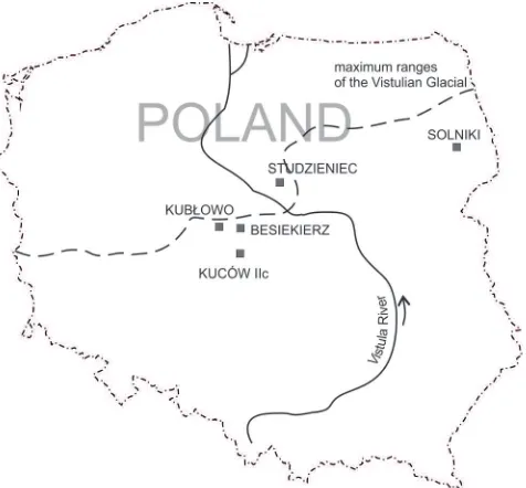 Fig. 1. Location of Eemial interglacial profiles subject to palyno-logical analysis and Cladocera subfossil analysis: Besiekierz (Janc-zyk-Kopikowa 1991), Solniki (Kupryjanowicz 2008), Kuców IIc (Balwierz 1998), Studzieniec (Krupiński 2005), Kubłowo (Roman and Balwierz 2010)