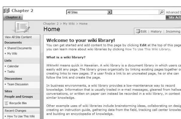 Figure 2-4 The initial home page of the wiki is an explanation of what a wiki is and there is a link to a short set of 