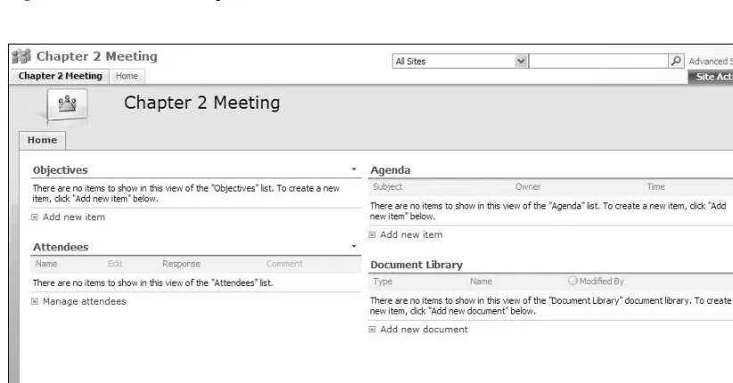 Figure 2-5 The meeting workspace will contain an objectives list, an attendees list, an agenda, and a document 