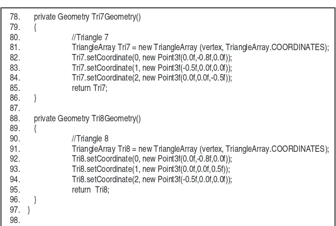 Figure 17. Basic shapes from using LineStripArray (top left), TriangleStripArray (top right) and TriangleFanArray (bottom)