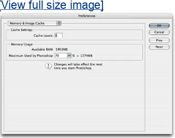 Figure 1.19. The Memory & Image Cache pane inthe Preferences dialog box for Photoshop