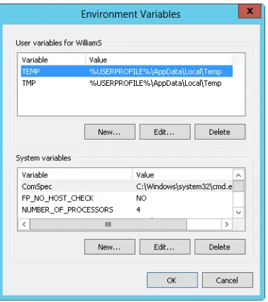 FIGURE 2-7 Configure system and user environment variables in the Environment Variables dialog box.