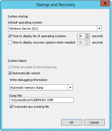 FIGURE 2-8 Configure system startup and recovery properties in the Startup And Recovery dialog box.