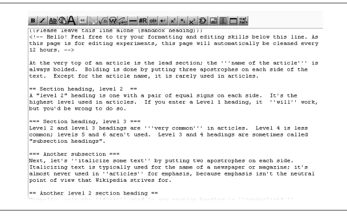Figure 1-4. Typing this text into the edit box is a quick lesson in the three most common types ofWikipedia formatting