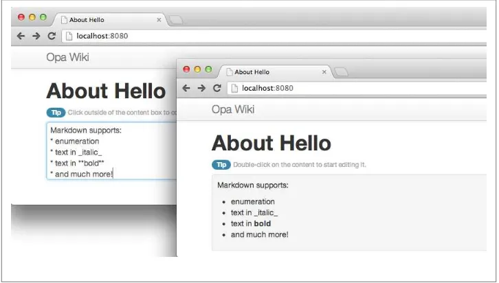 Figure 5-2. Our wiki application with Bootstrap styling in editing (left) and display(right) modes