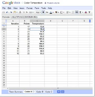 Figure 4-7. An example spreadsheet to calculate Temperature for a coder after every iteration