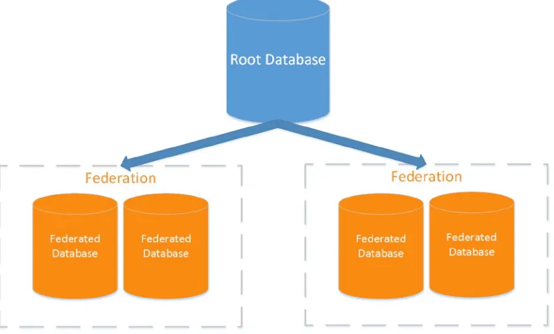 Figure 3-4. A federation root database points to multiple federations. Each federation contains the federated databases