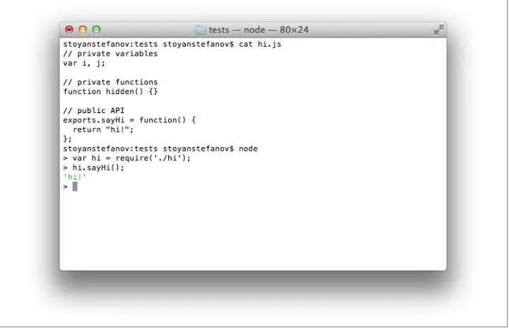 Figure 7-1. Defining and using a CommonJS module in NodeJS console